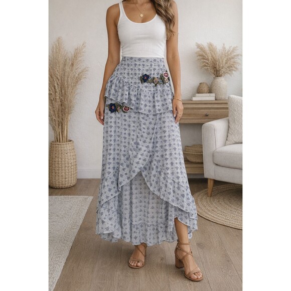 Jaase Dresses & Skirts - Jaase XL Boho Maxi Skirt Tiered Ruffle Wrap Floral Embroidered Festival Flowy